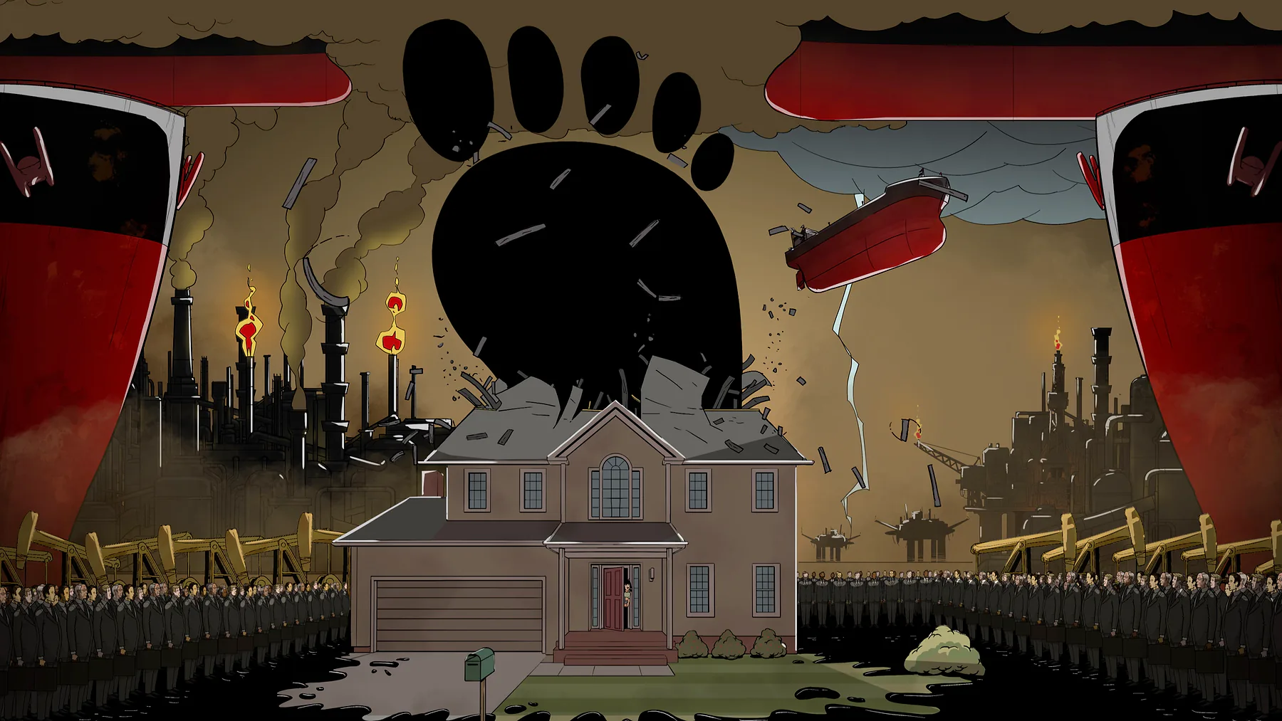 Betty the footprint over an oil refinery