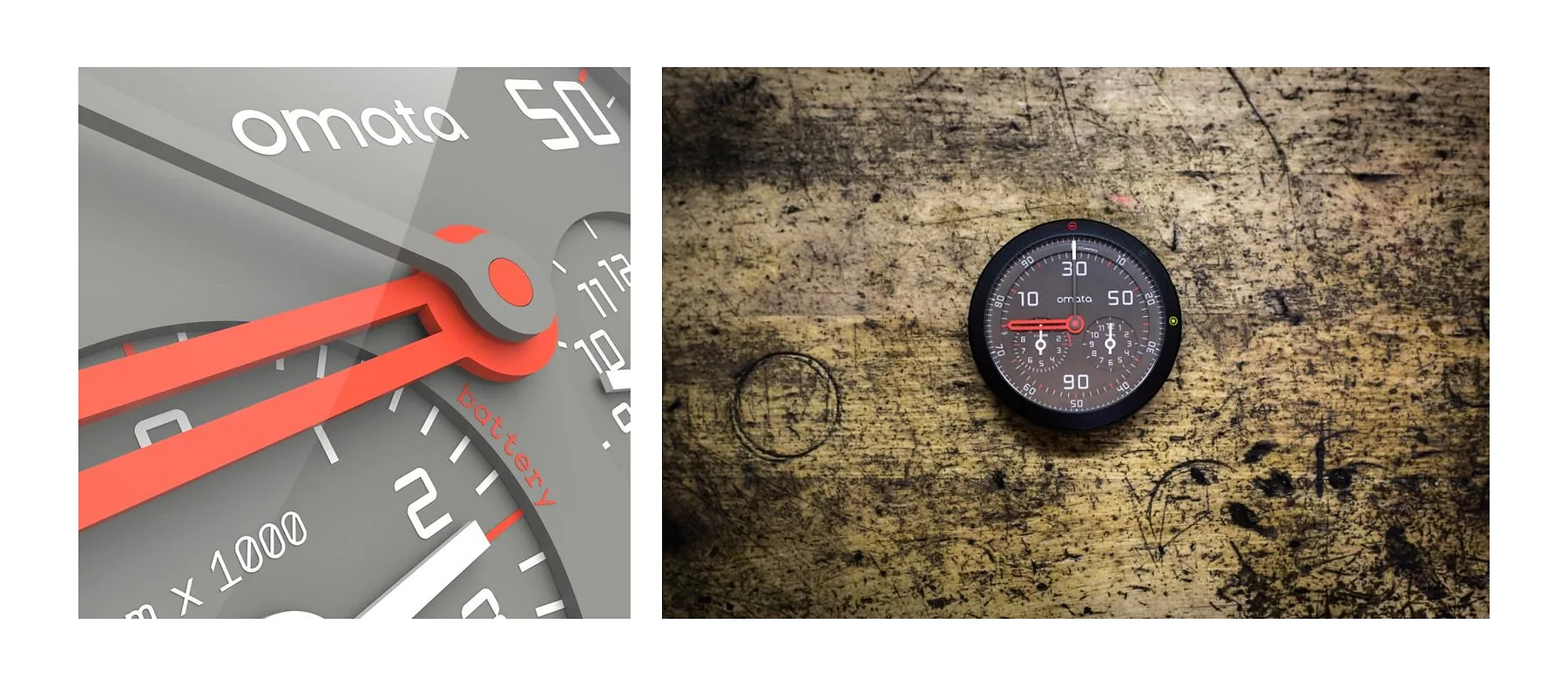 OMATA One dial close-up and the device on a textured surface