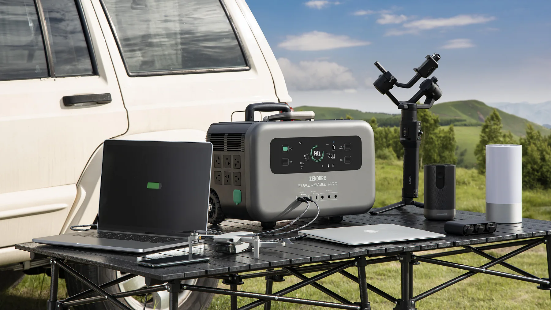 SuperBase Pro charging devices beside an SUV